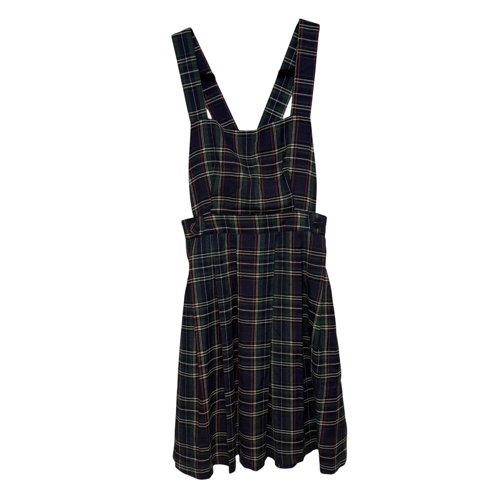 ModCloth Green Plaid Pinafore Jumper Dress Cross Back Pockets Size M